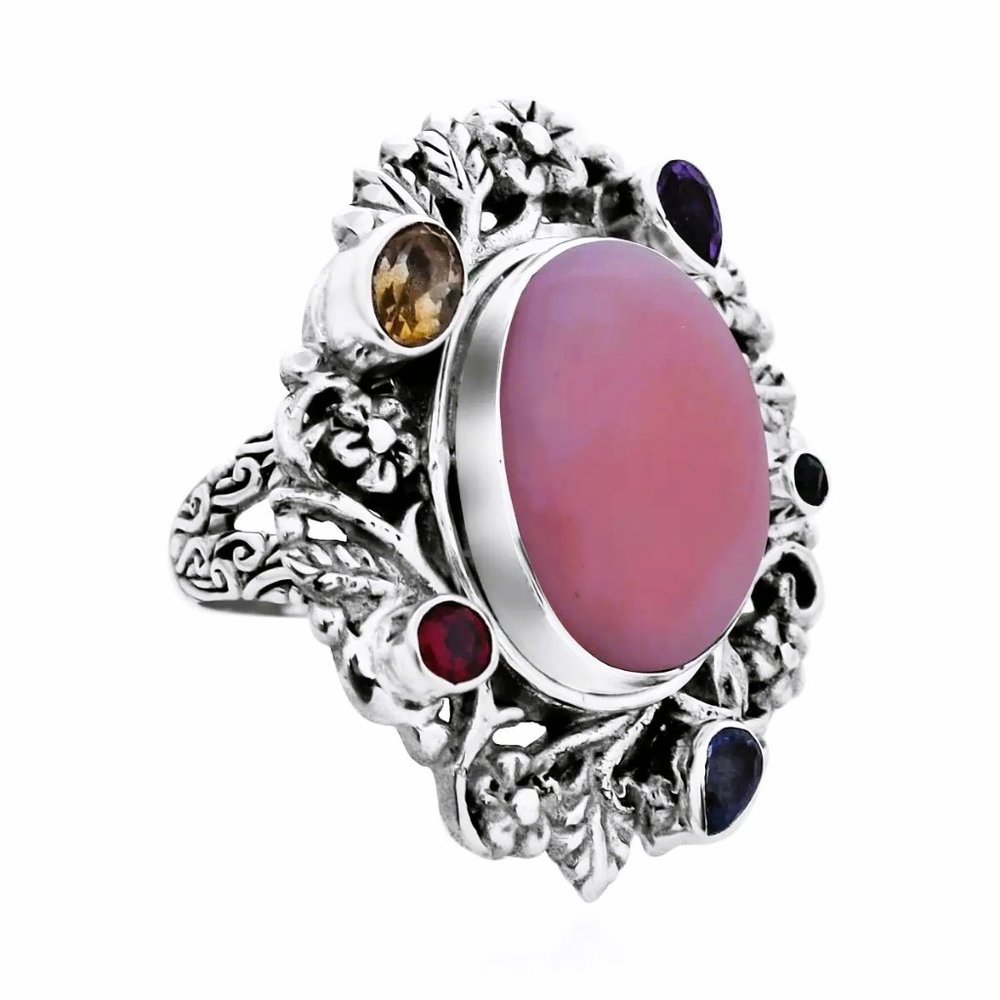 10.50 Carets Pink Opal Multi Gemstone Floral Leaves Sz 8 Ring 925 Sterling